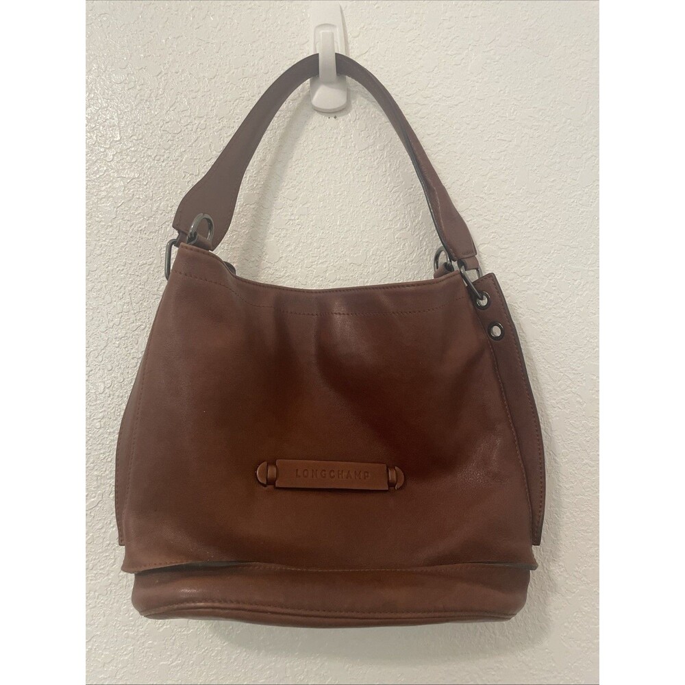 Longchamp Paris Leather Brown Handbag Tote Bag Satchel Purse Classic Preppy See